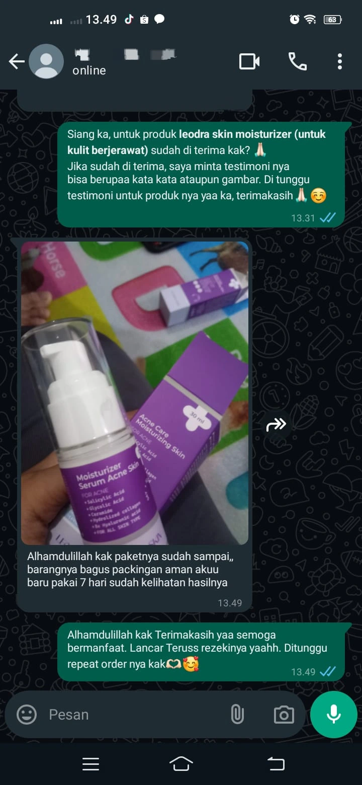 testimoni pelanggan setelah menggunakan Leodra Skin Moisturizer